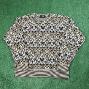 TSR Textured Knit Sweater Made USA Earth Tone Geometric Grandpa Mens L Vintage